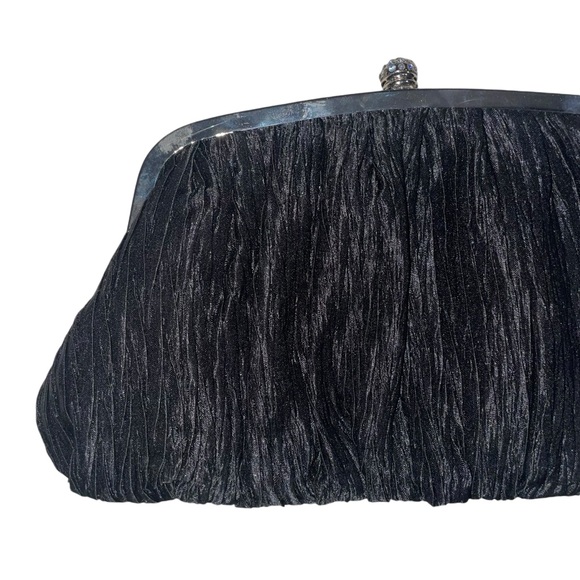 NEIMAN MARCUS Vintage Ruched Silk Black Clutch Bag Silver Frame with Crystals - Picture 12 of 15